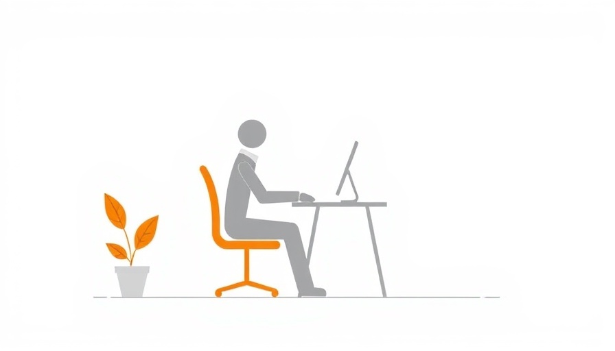 Abstract illustration of a person at a desk in orange and gray.