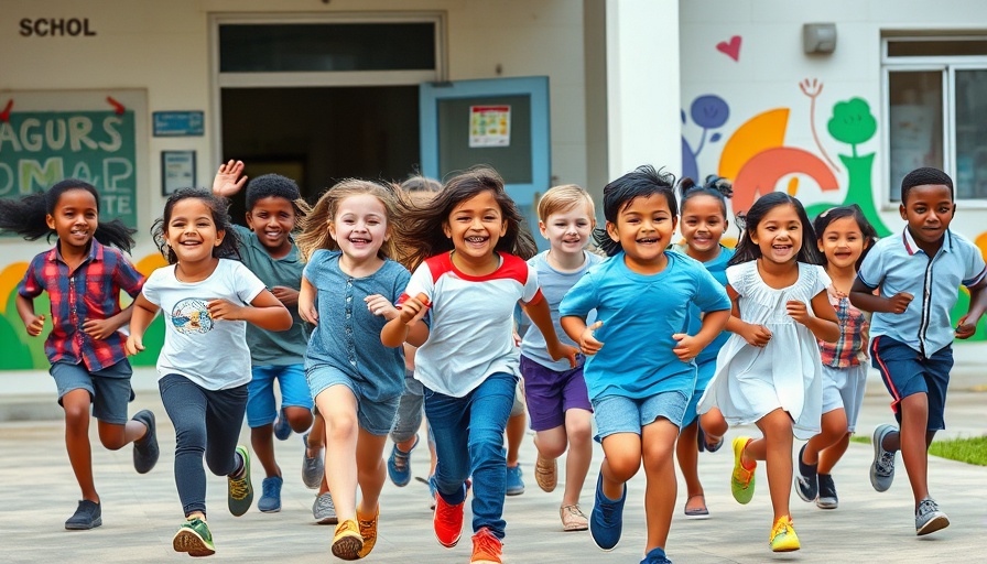 Joyful children running outside school, depicting impact of school phone bans.
