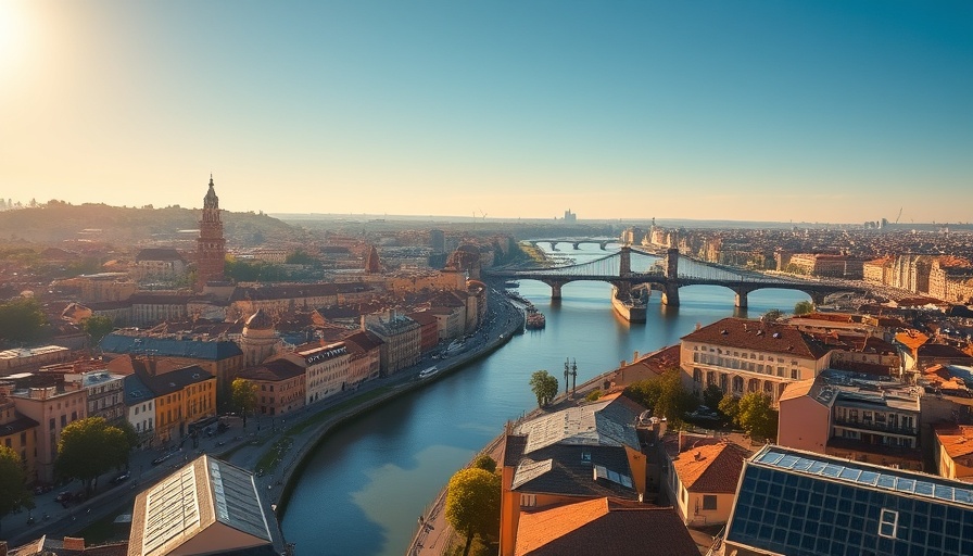 Aerial view of a solar-powered city by a river with a bridge.