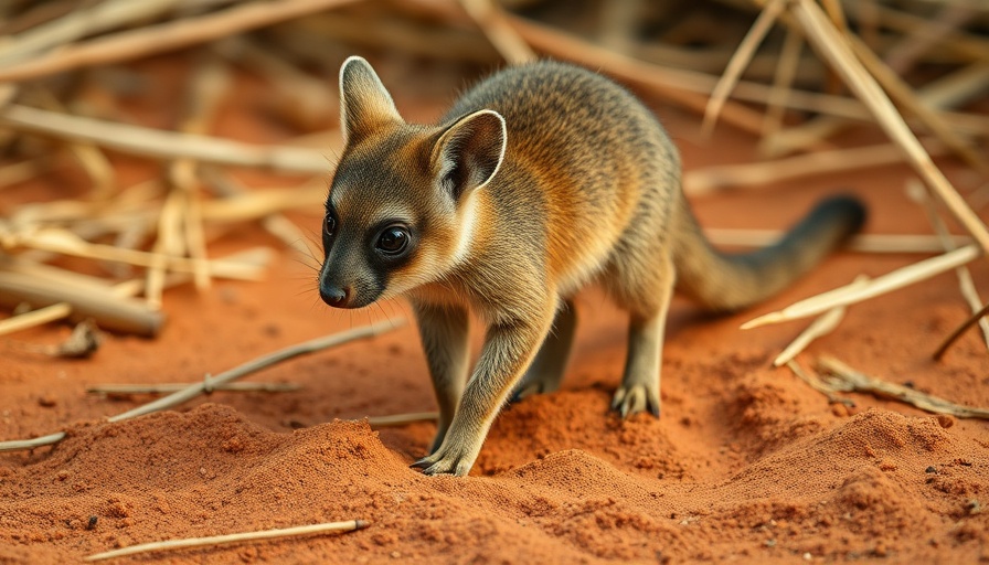 Small marsupial on red sand, related to ampurta recovery, near straw.