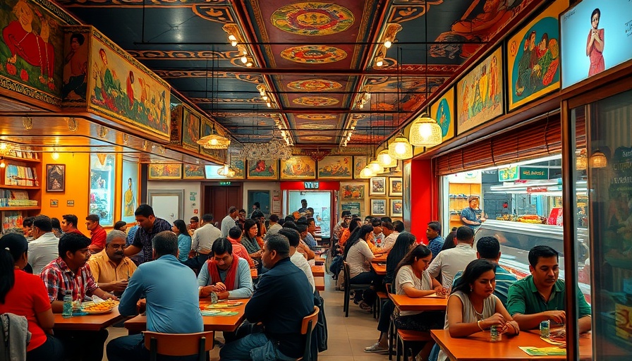 Diverse patrons enjoying meals at a vibrant cafe in India.