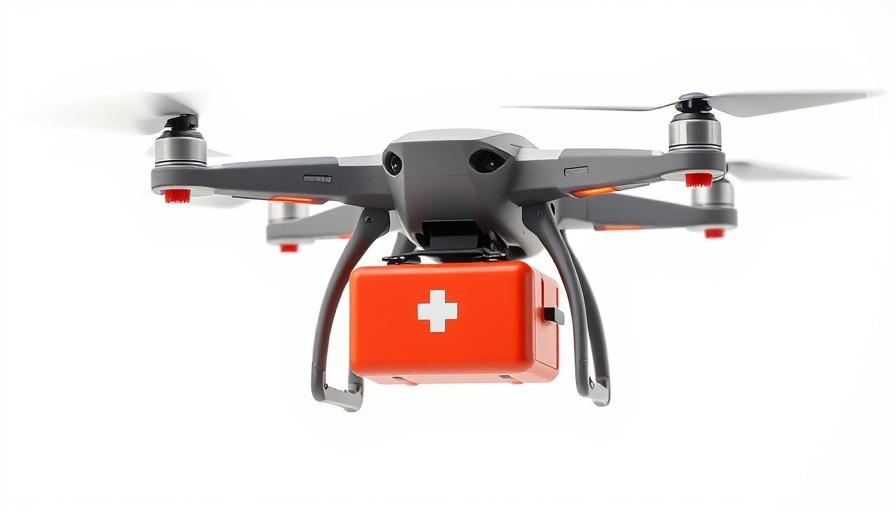 Life-saving drone for emergency response with delivery package.