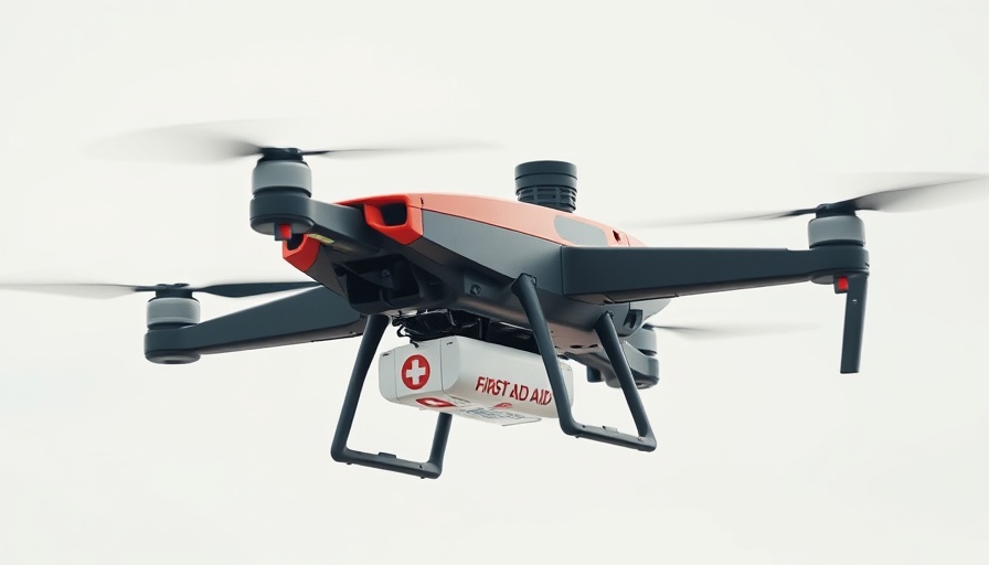 Life-saving drones in action delivering aid package.