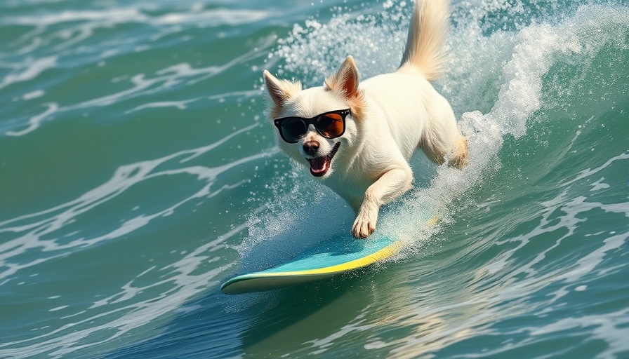 Energetic dog surfing a wave vibrantly, Positive Business News.