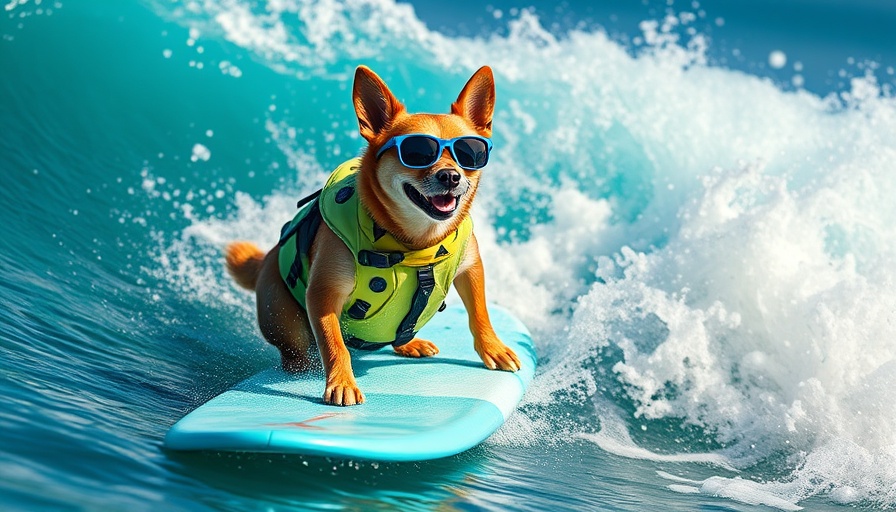 A dog surfing with sunglasses on a wave, positive business news.