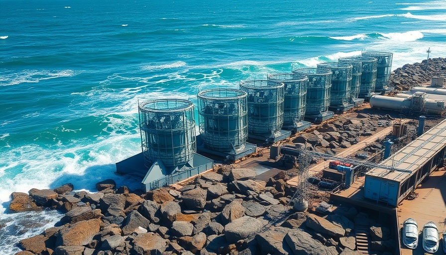 Blue wave energy converters at an onshore wave energy site.