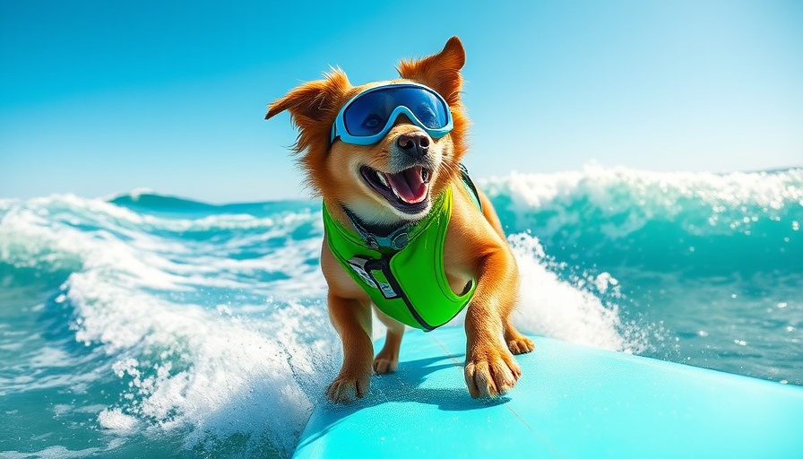 Energetic dog surfing a wave, embodies positive business news.