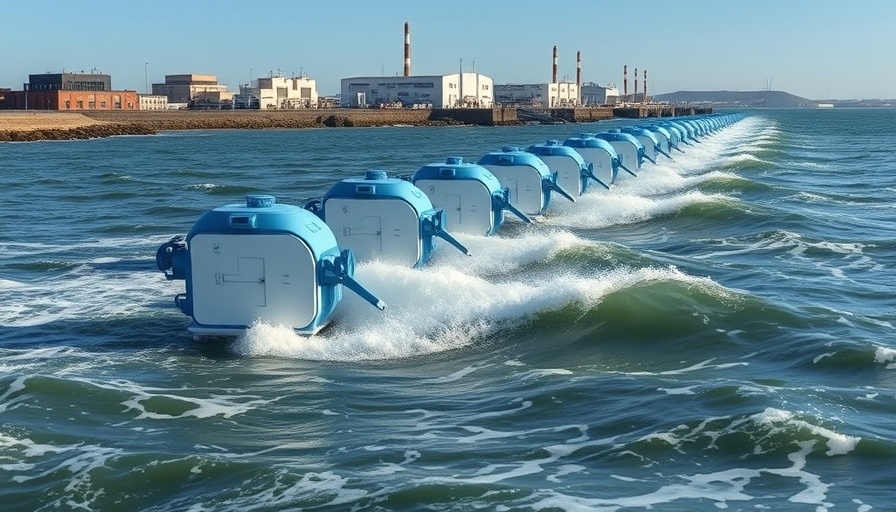 America's first onshore wave energy site with blue machines on the coast.
