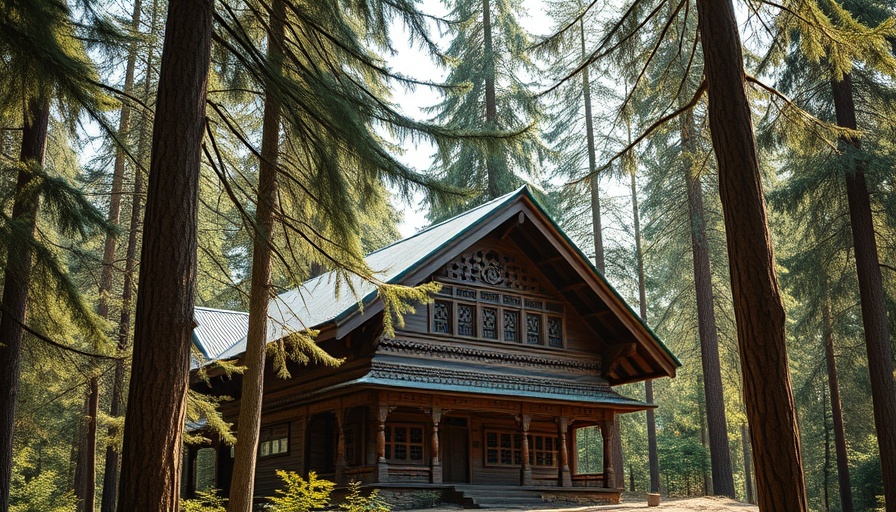 Traditional wooden house in Himachal showcasing sustainable building techniques amidst a forest.