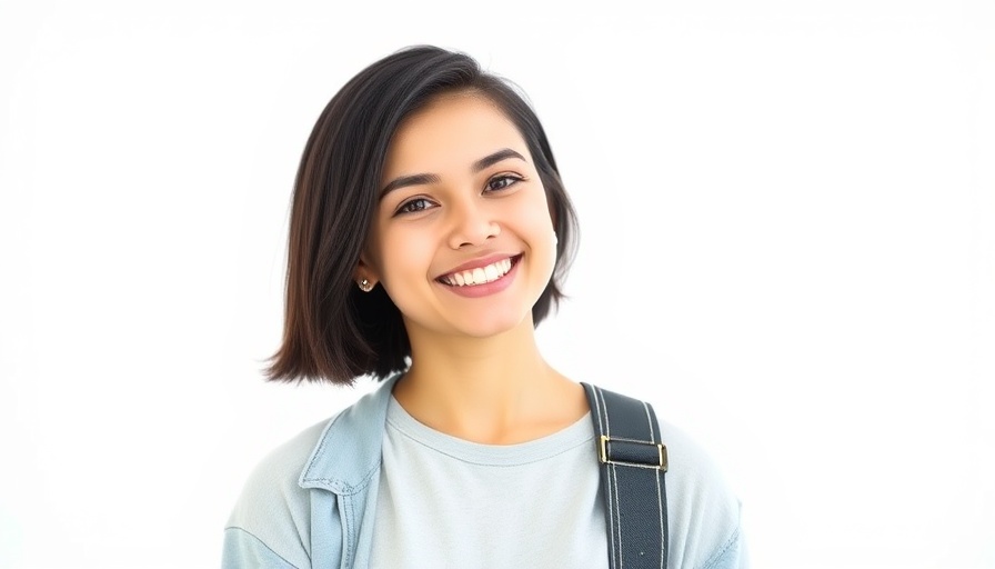 Young woman smiling warmly with short dark hair.