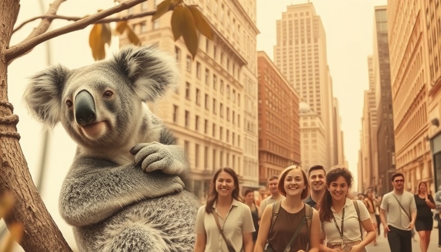 Positive Business News collage: koala, city, happy group.
