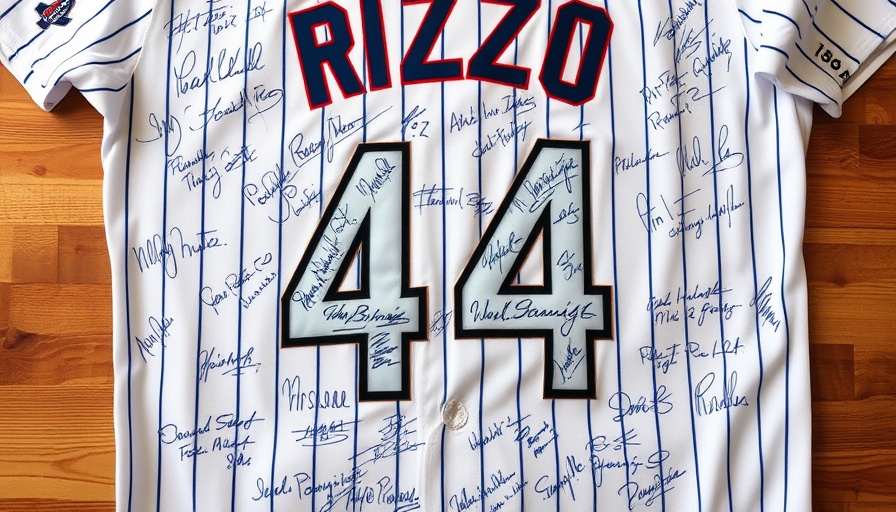 Anthony Rizzo Retirement Jersey signed by cancer patients, white pinstriped design.