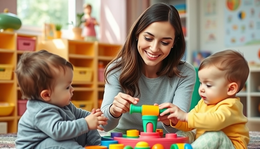 Childcare professional engaging with infants in a bright daycare, toys abundant.