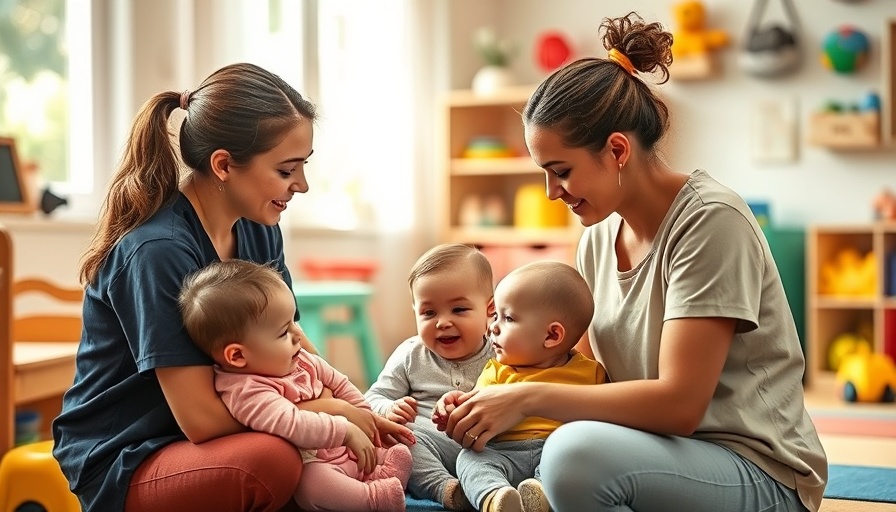 Engaged caregiver with infants in vibrant childcare room highlighting free universal child care.