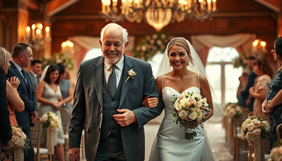 Father figure walking bride down the aisle during wedding ceremony.