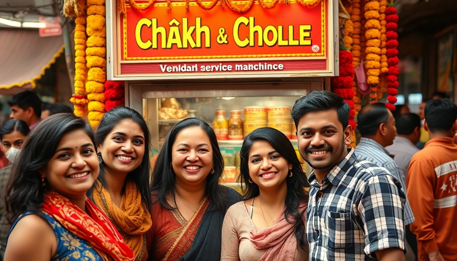 Chhole Kulche Vending Machine at bustling market with smiling visitors.