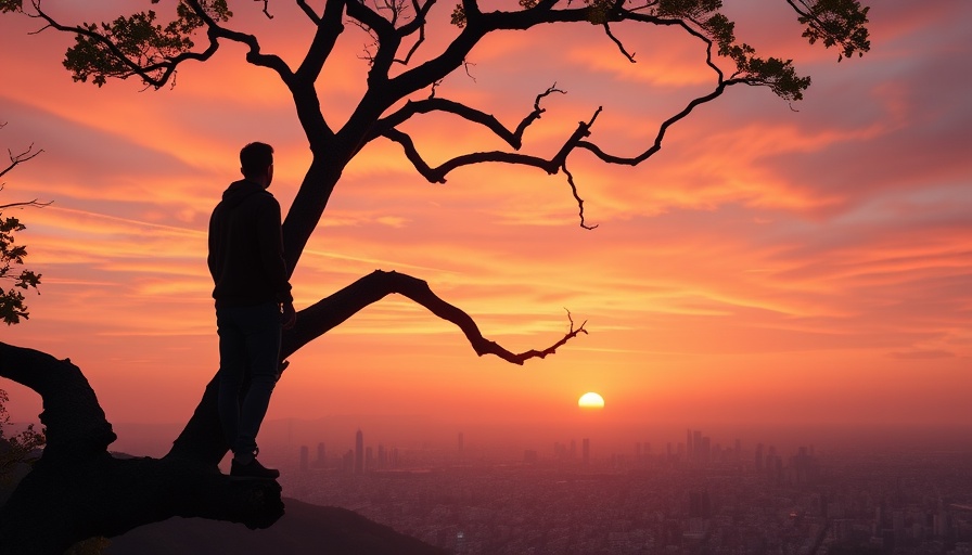 Silhouette of person on tree overlooking city at sunset, happiest state in America 2025.