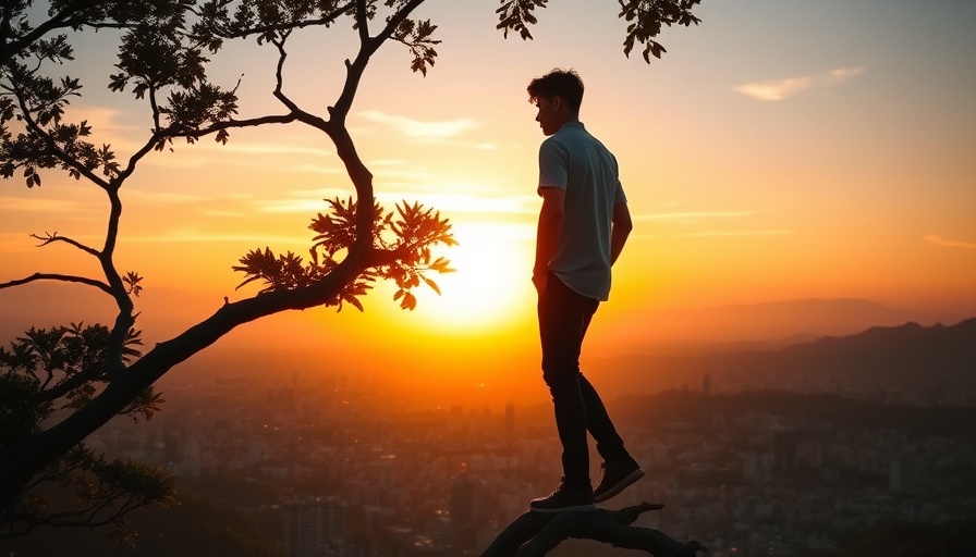 Man overlooking cityscape atop tree at sunset, Happiest State in the US for 2025.