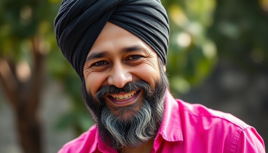 Sarbjeet Singh Bobby smiling in a pink shirt and black turban, outdoors.