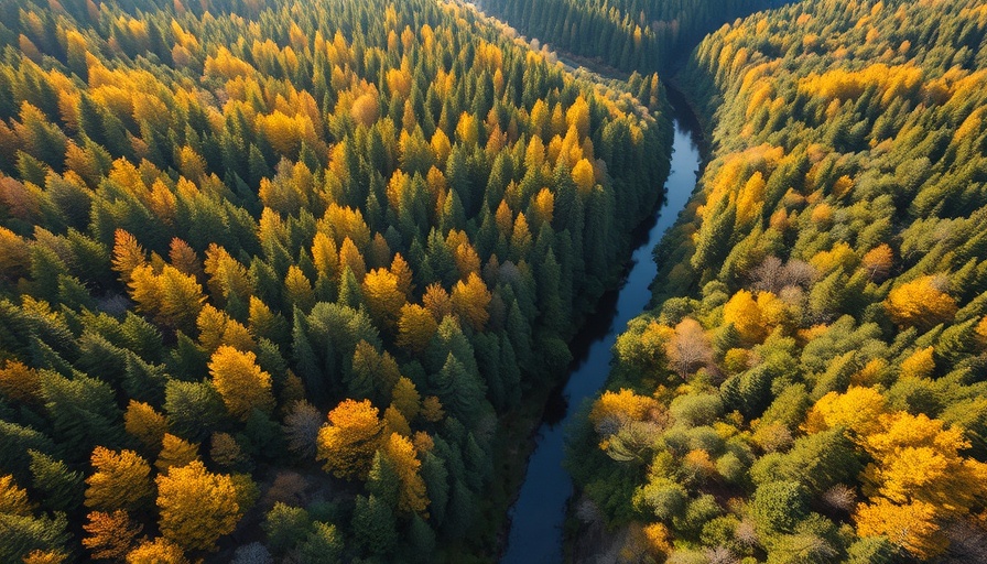 Aerial view of lush forest and winding river, eco-tourism success.