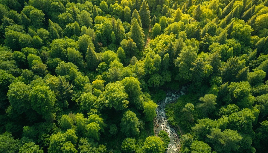 Aerial view of eco-restoration in India with lush forest and stream.