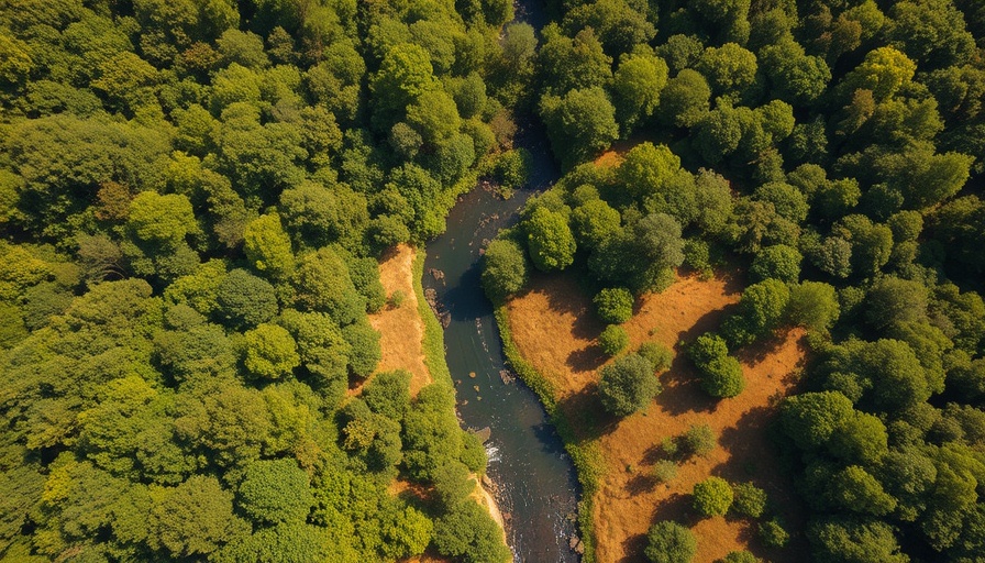 Aerial view of eco restoration area near Mumbai with lush forest and river.
