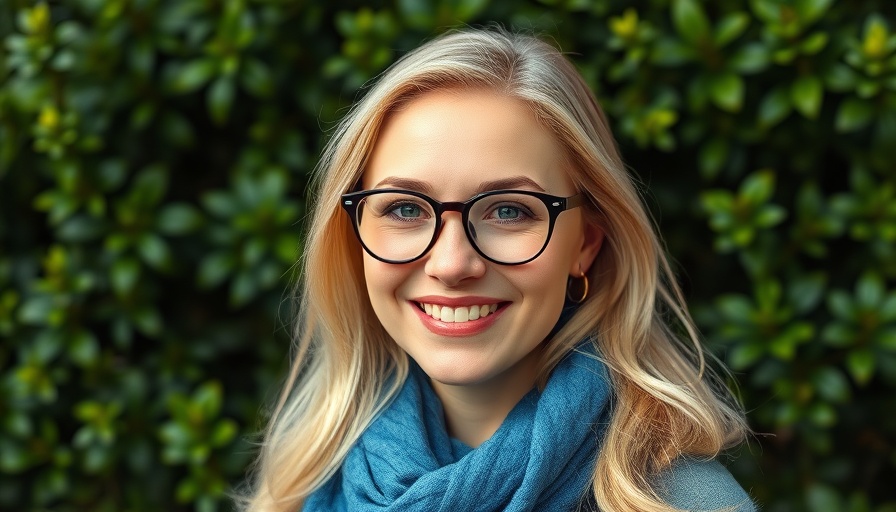 Blonde woman with glasses and scarf, confident expression, greenery background.