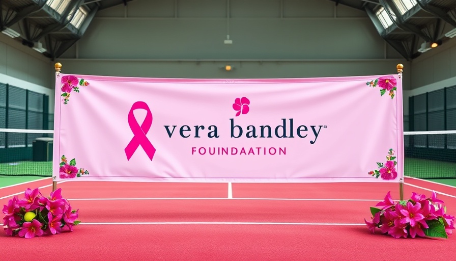 Vera Bradley Foundation breast cancer research banner on tennis court.