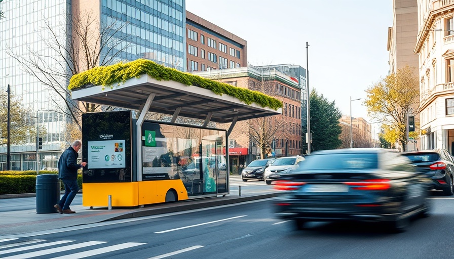 Green roofs on bus stops next to busy street with person walking.