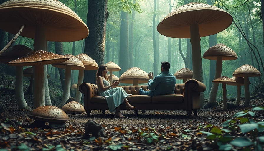 Ethereal therapy scene with psychedelic mushrooms, depression treatment.