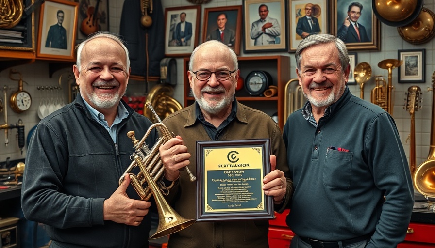 Three men in a music repair shop holding a trumpet and plaque for music education donation.
