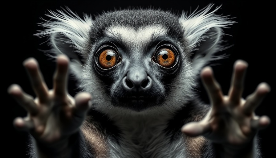 Monochrome lemur with intense gaze and extended paw.