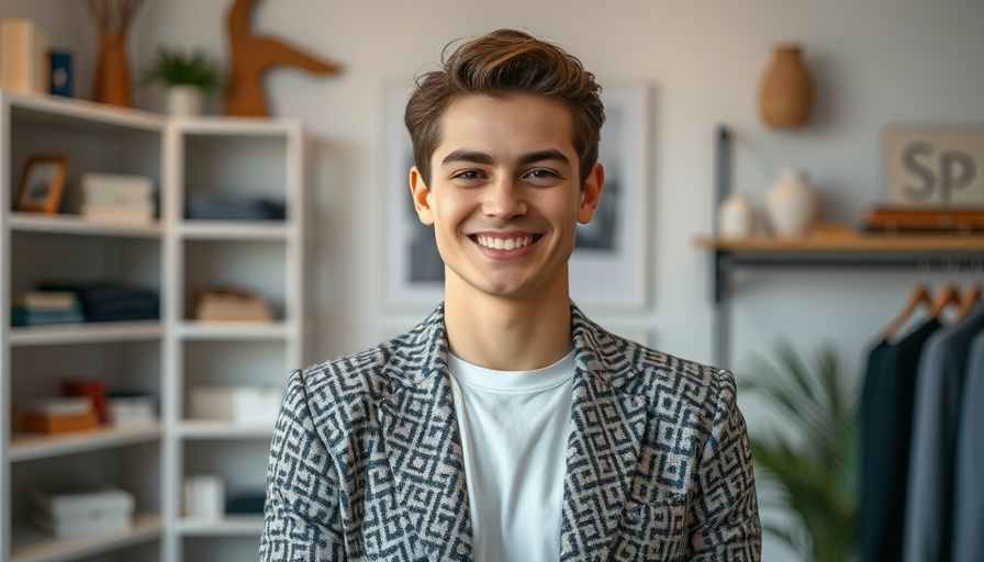 Fashion designer in patterned blazer smiling in stylish studio