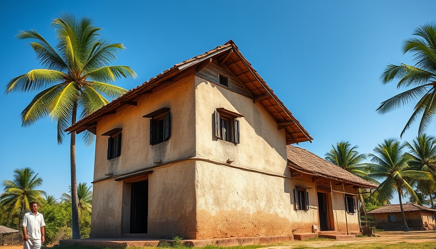 Traditional Indian house with a sustainable sloping roof in a tropical setting