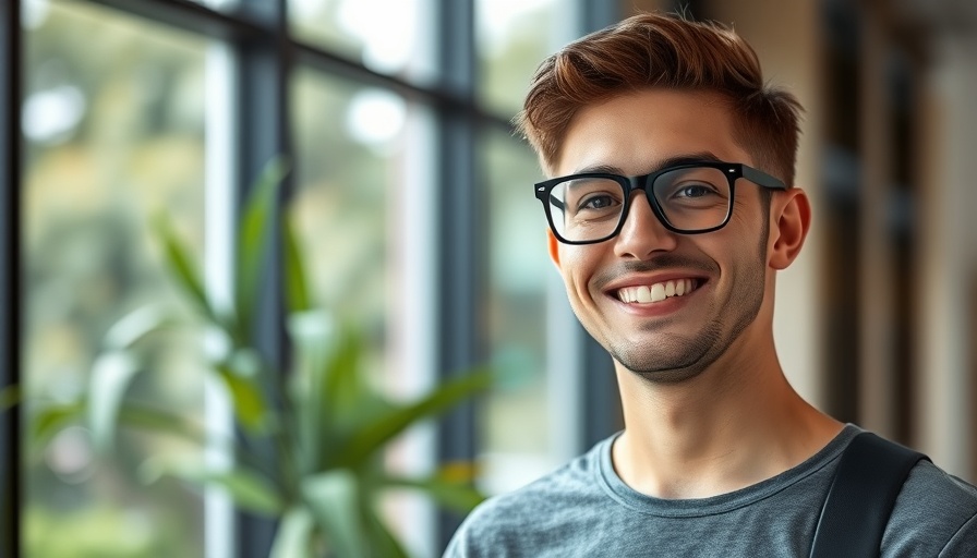 Smiling man with glasses launches podcast in bright setting.