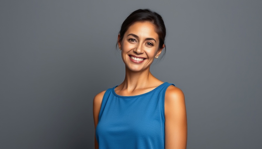 Smiling woman in blue top, Julia Boorstin career journey focus, gray background.