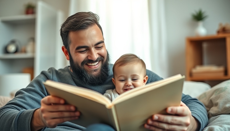 Father and baby reading to boost birthrates through male involvement at home.