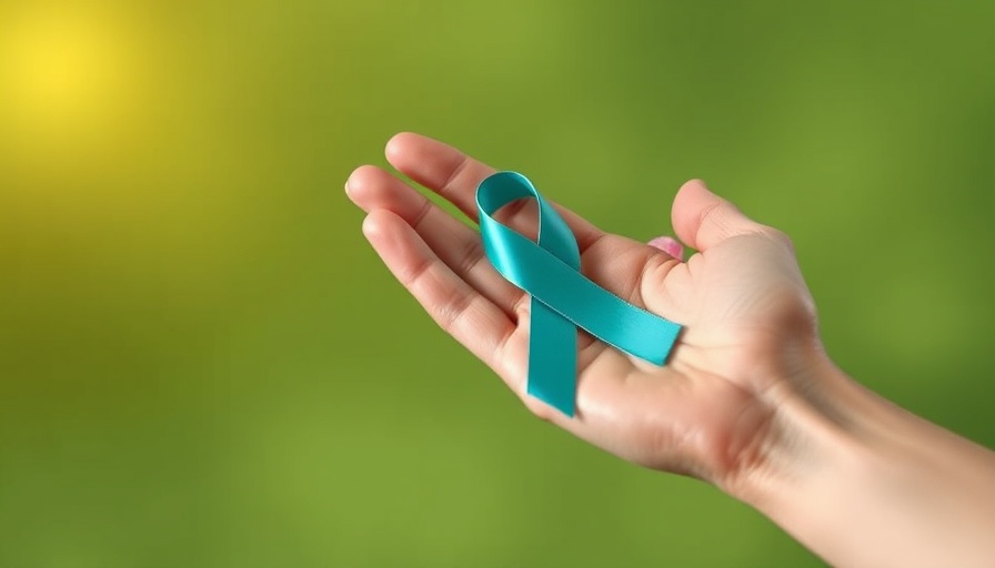 Teal ribbon for ovarian cancer awareness held at the waist.
