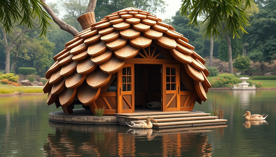 Floating duck hut shaped like a pinecone on a pond with greenery.