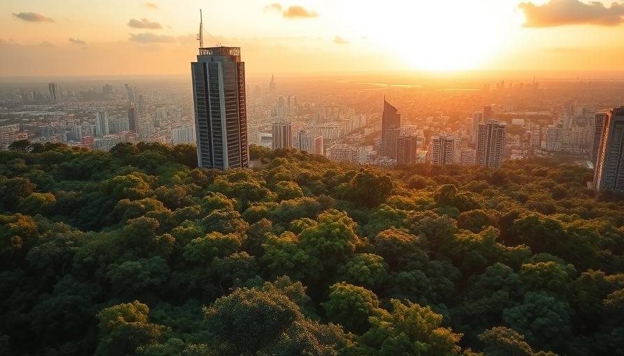 Aerial view of Baghdad sustainable forests with modern buildings.