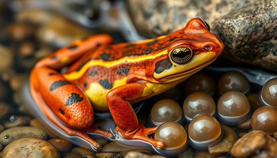 Endangered Red and Yellow Mountain Frog next to frog eggs in water.