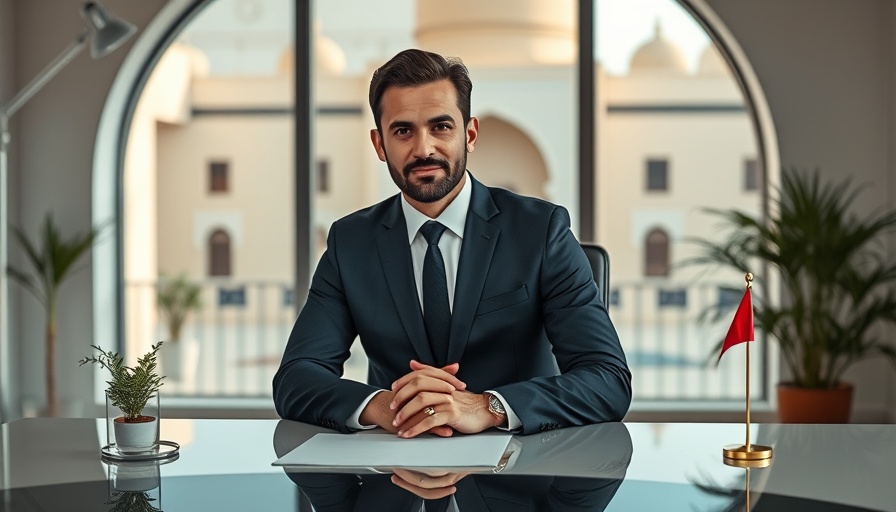 Male executive at desk with Dubai-themed window, representing UK investment strategy.
