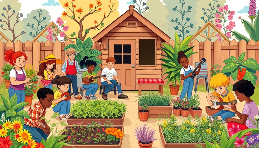 Community garden with people gardening and relaxing, vibrant cartoon style.