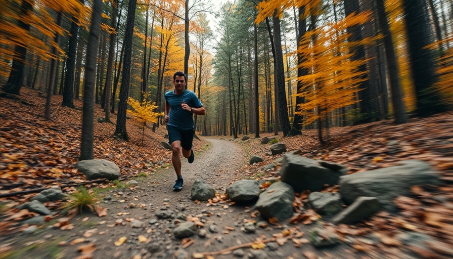 Athletic person running on a forest trail, showcasing exercising outdoors benefits.