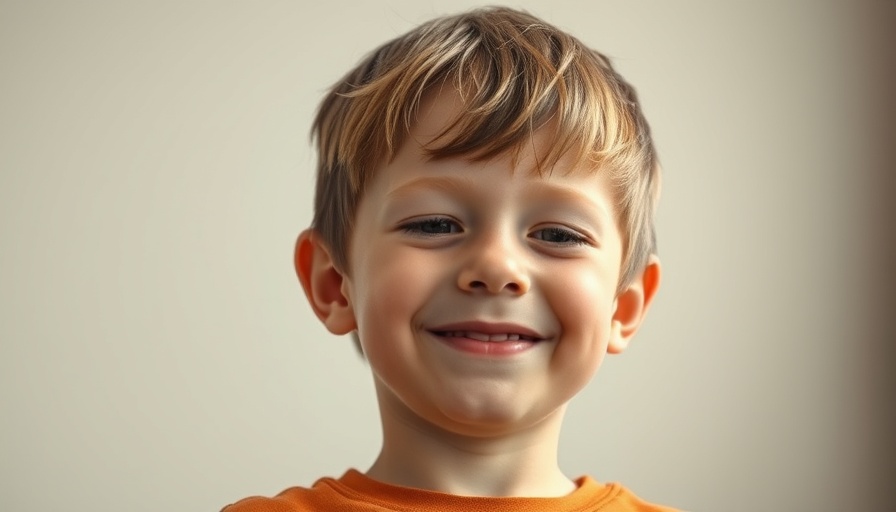 Close-up portrait of young boy smiling indoors, soft lighting