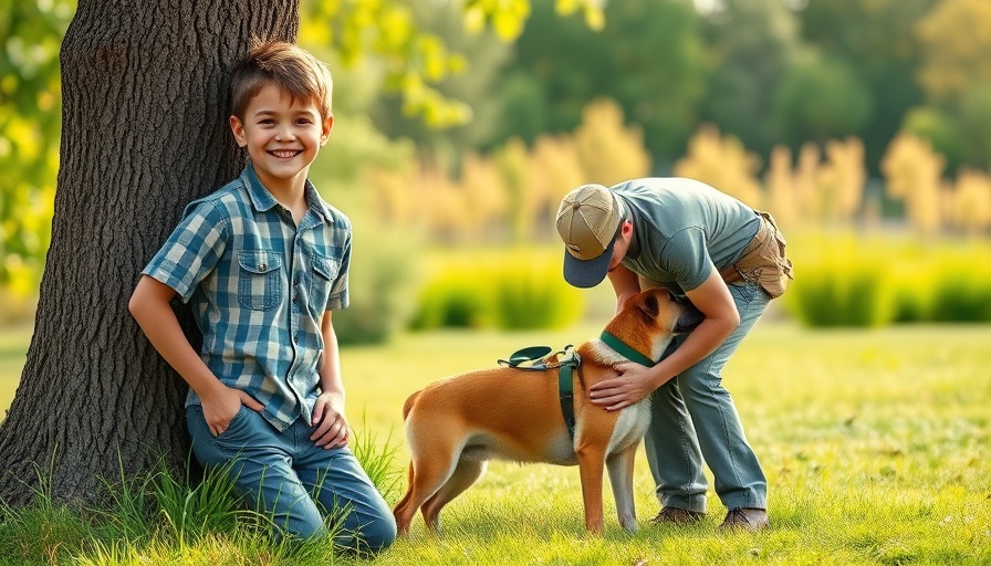Joyful boy and person with search dog in natural setting.