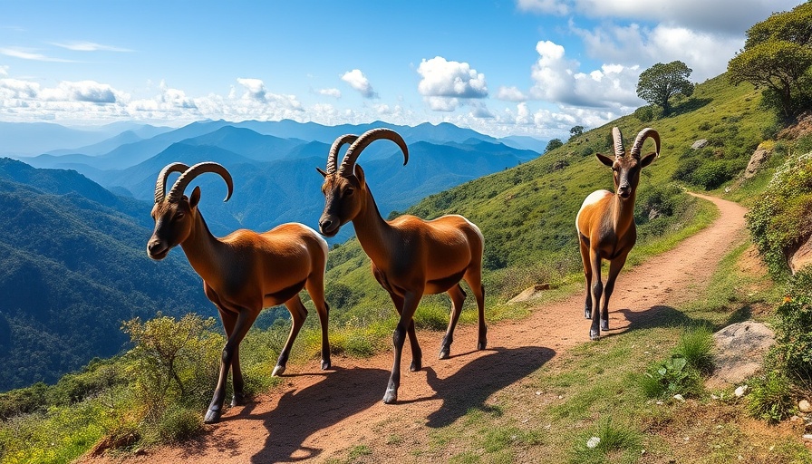 Nilgiri Tahr herd on mountain path with scenic backdrop