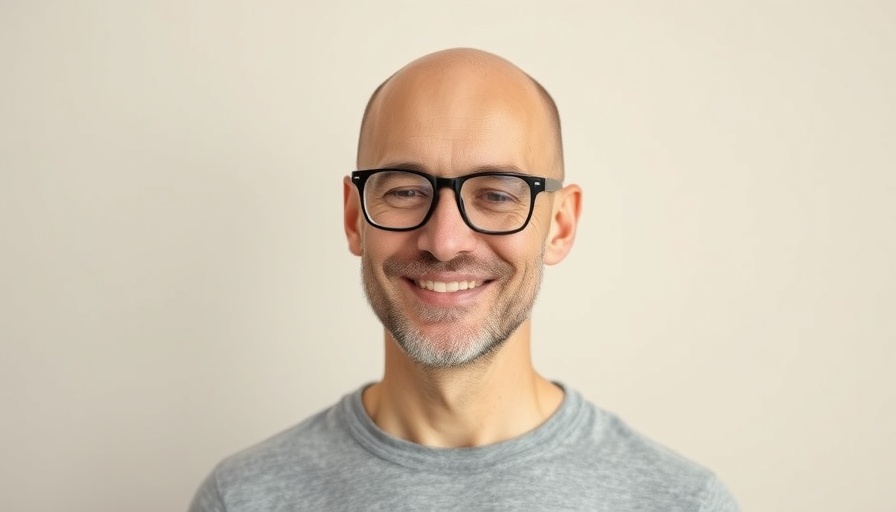 Bald man with glasses gently smiling in casual attire.