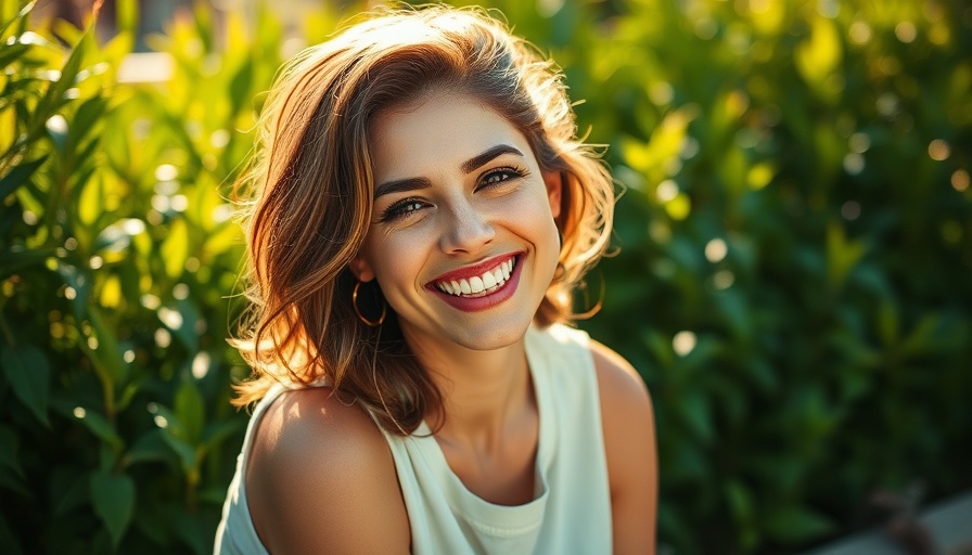 Smiling woman outdoors in sunlight with greenery background.