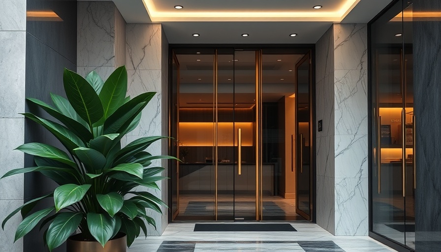Contemporary apartment entrance with greenery, focusing on Beekman Hill sign.